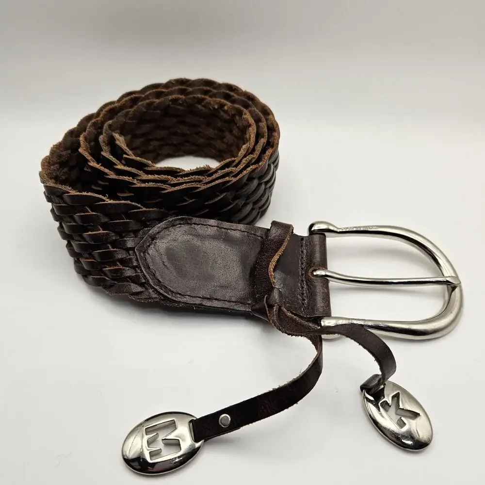 Michael Kors Braided Woven Leather Brown Belt Silver Buckle Large Western Boho